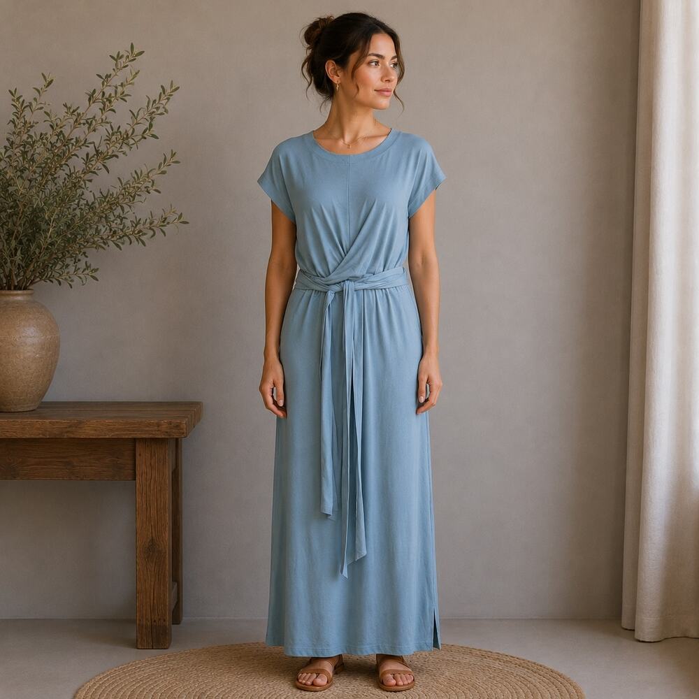 Modern Citizen LIght Blue Gray Knit Short Sleeve Tie Waist Dress 1X